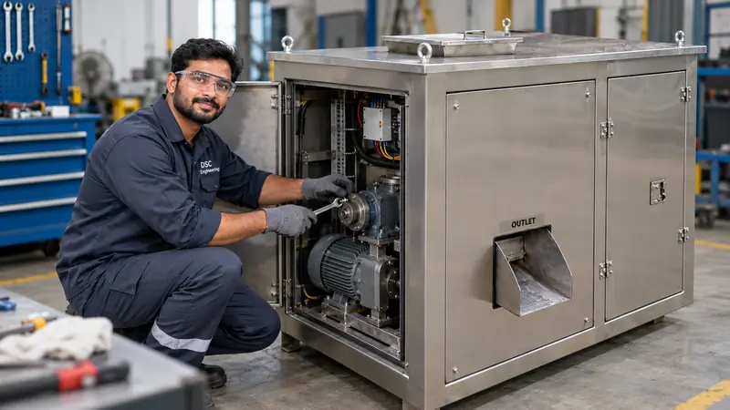 Technician repairing the motor and gearbox drive inside a stainless steel compost machine
