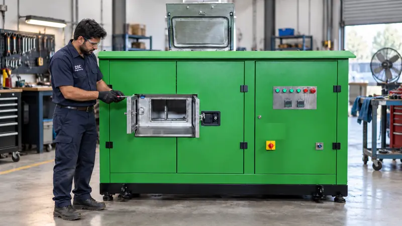 Technician carrying out scheduled AMC maintenance on a compost machine