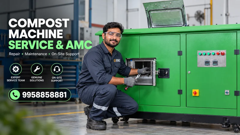 DSC Engineering technician servicing a green compost machine; banner reads Compost Machine Service and AMC with service number 9958858881