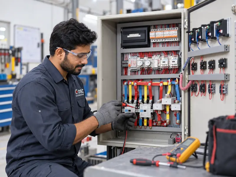 Technician testing an OWC machine electrical control panel with a meter probe