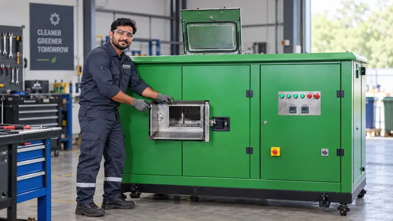 Technician from DSC Engineering opening the feed door of a green OWC machine for breakdown repair